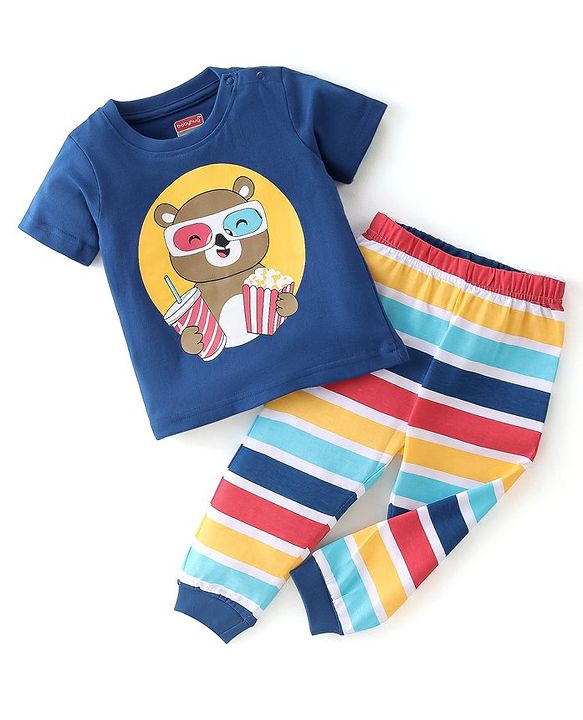 Babyhug Single Jersey Cotton Knit Half Sleeves Night Suit Bear Print - Multicolour