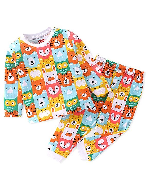 Babyhug Cotton Knit Full Sleeves Night Suit With Animals Print - Multicolour