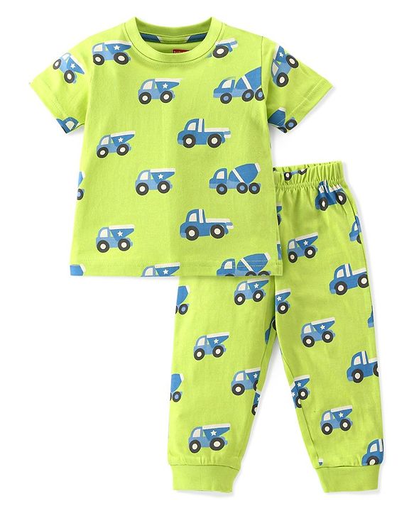 Babyhug Cotton Knit Half Sleeves Night Suit With Construction Vehicle Print - Green