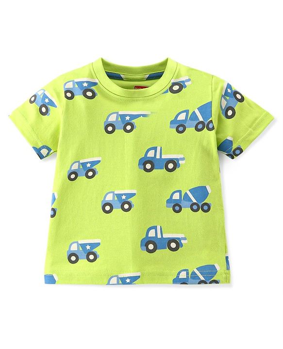 Babyhug Cotton Knit Half Sleeves Night Suit With Construction Vehicle Print - Green