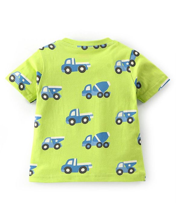 Babyhug Cotton Knit Half Sleeves Night Suit With Construction Vehicle Print - Green