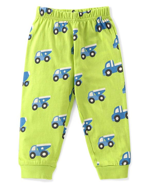 Babyhug Cotton Knit Half Sleeves Night Suit With Construction Vehicle Print - Green