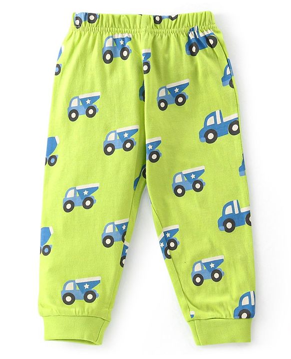 Babyhug Cotton Knit Half Sleeves Night Suit With Construction Vehicle Print - Green