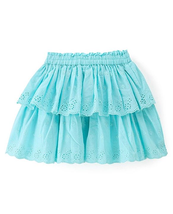 Babyhug Cotton Woven Knee Length Skirt with Lining Bow Applique & Lace Detailing - Sky Blue