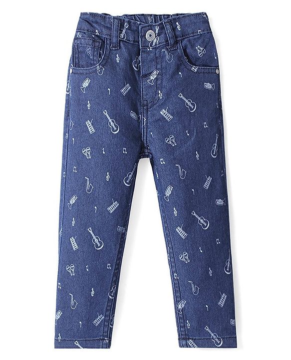 Babyhug Full Length Denim Jeans With Stretch & Musical Instruments Printed - Blue