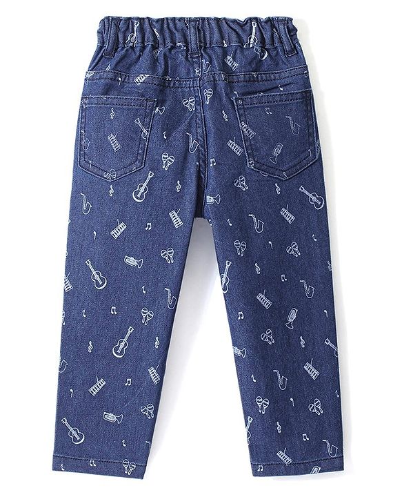 Babyhug Full Length Denim Jeans With Stretch & Musical Instruments Printed - Blue