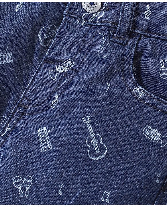 Babyhug Full Length Denim Jeans With Stretch & Musical Instruments Printed - Blue