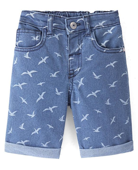 Babyhug Cotton Denim Above Knee Length Bermuda With Stretch Bird Print- Blue