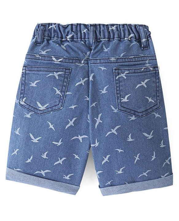 Babyhug Cotton Denim Above Knee Length Bermuda With Stretch Bird Print- Blue