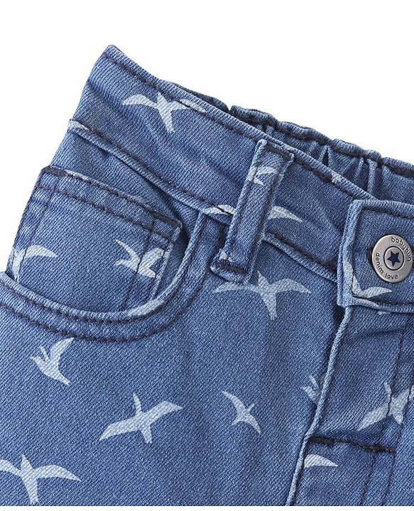 Babyhug Cotton Denim Above Knee Length Bermuda With Stretch Bird Print- Blue