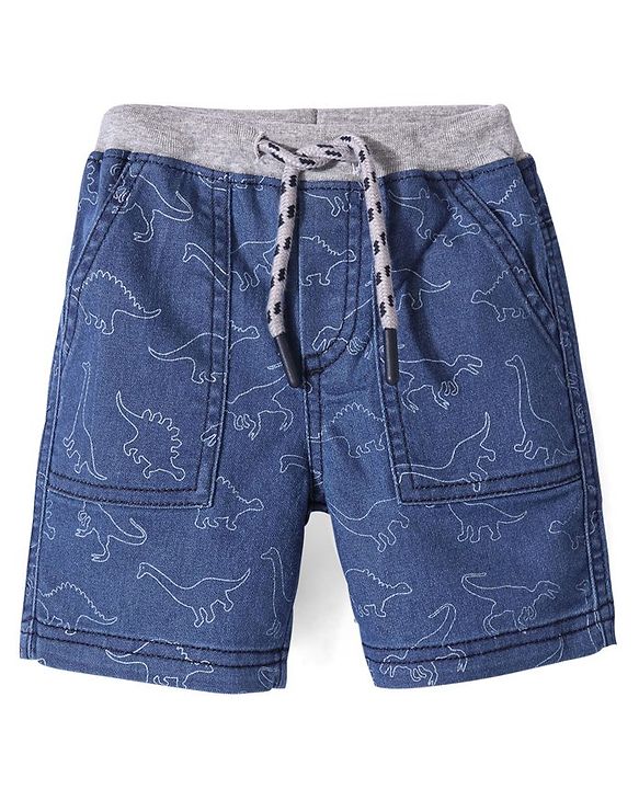 Babyhug Cotton Denim Shorts With Stretch Dino Print- Blue