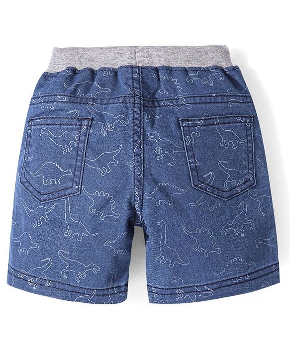 Babyhug Cotton Denim Shorts With Stretch Dino Print- Blue