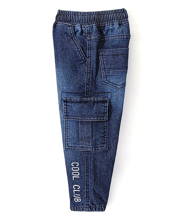 Babyhug Cotton Spandex Full Length Washed Stretchable Denim Joggers with Text Embroidered - Blue