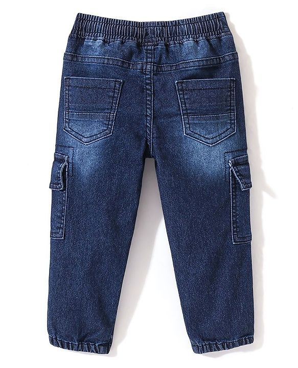 Babyhug Cotton Spandex Full Length Washed Stretchable Denim Joggers with Text Embroidered - Blue