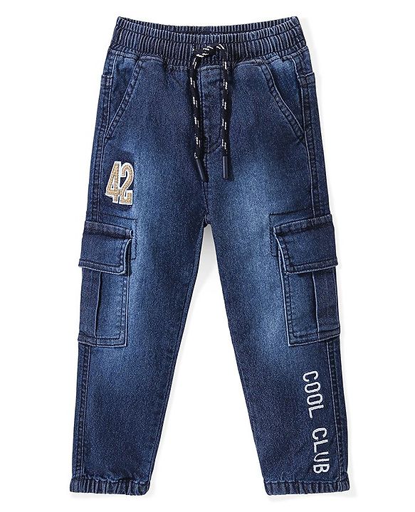 Babyhug Cotton Spandex Full Length Washed Stretchable Denim Joggers with Text Embroidered - Blue