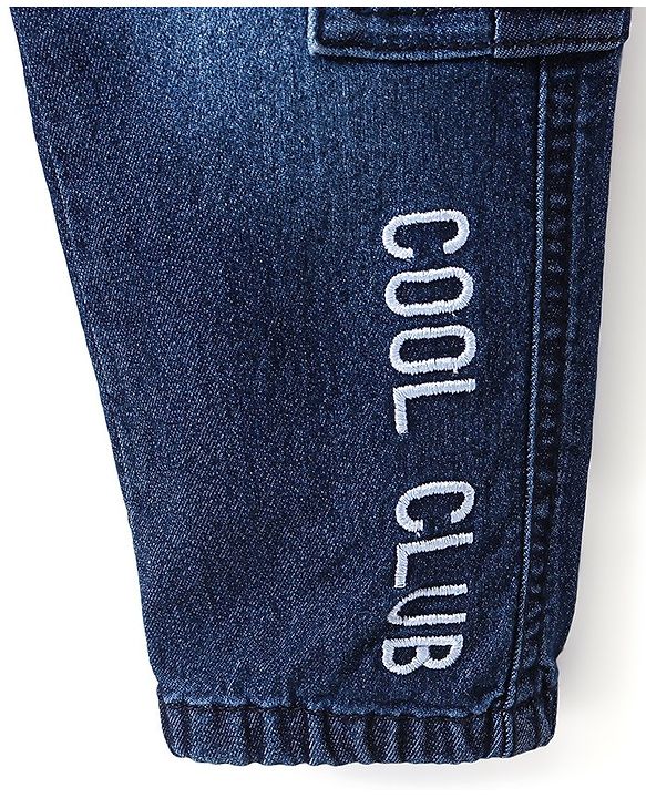 Babyhug Cotton Spandex Full Length Washed Stretchable Denim Joggers with Text Embroidered - Blue