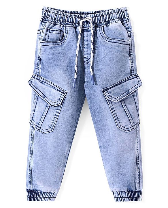 Babyhug Cotton Spandex Full Length Washed Stretchable Denim Joggers - Dark Blue