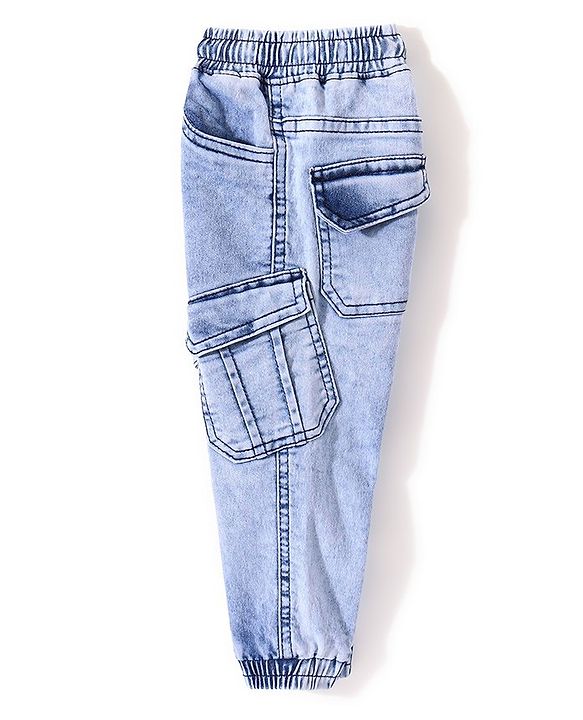 Babyhug Cotton Spandex Full Length Washed Stretchable Denim Joggers - Dark Blue