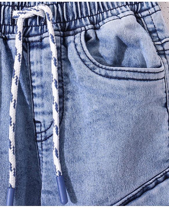 Babyhug Cotton Spandex Full Length Washed Stretchable Denim Joggers - Dark Blue