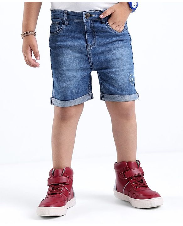 Babyhug Cotton Blend Knee Length Denim Shorts With Stretch Airplane Print - Blue