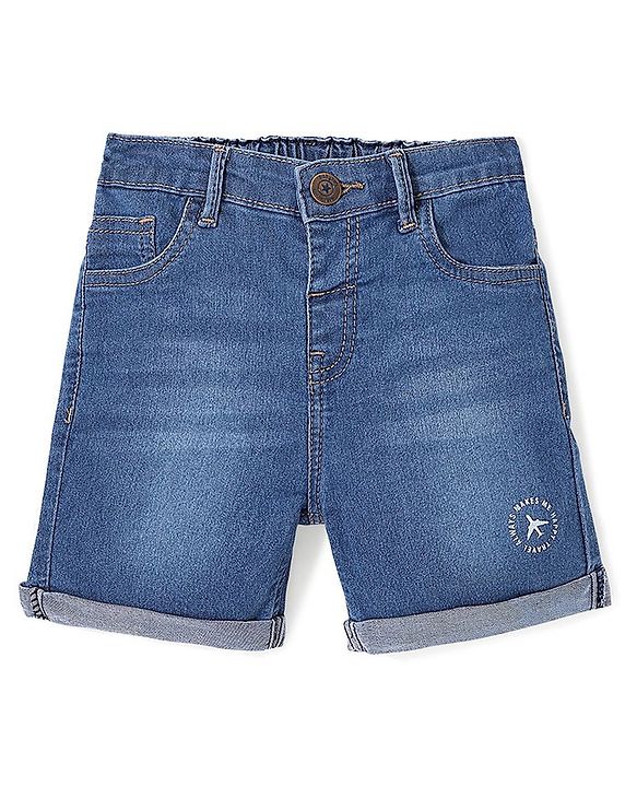 Babyhug Cotton Blend Knee Length Denim Shorts With Stretch Airplane Print - Blue