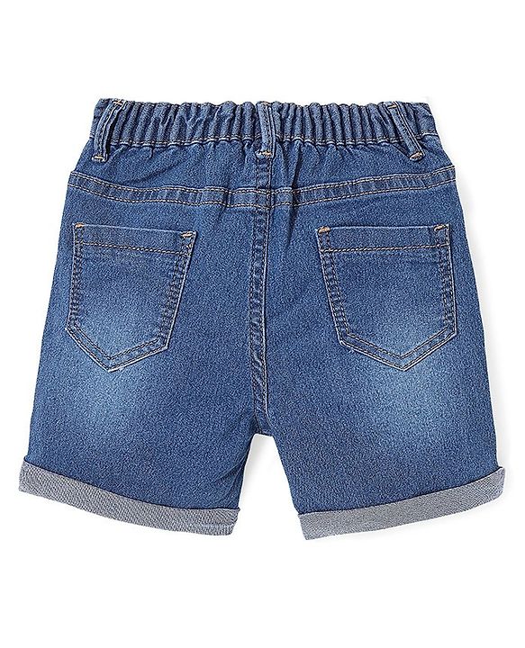 Babyhug Cotton Blend Knee Length Denim Shorts With Stretch Airplane Print - Blue