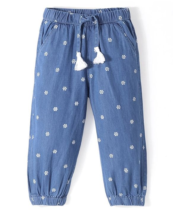 Babyhug 100% Cotton Full Length Denim Joggers with Floral Print - Blue