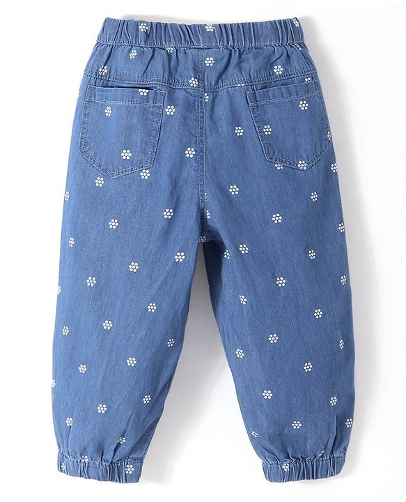 Babyhug 100% Cotton Full Length Denim Joggers with Floral Print - Blue