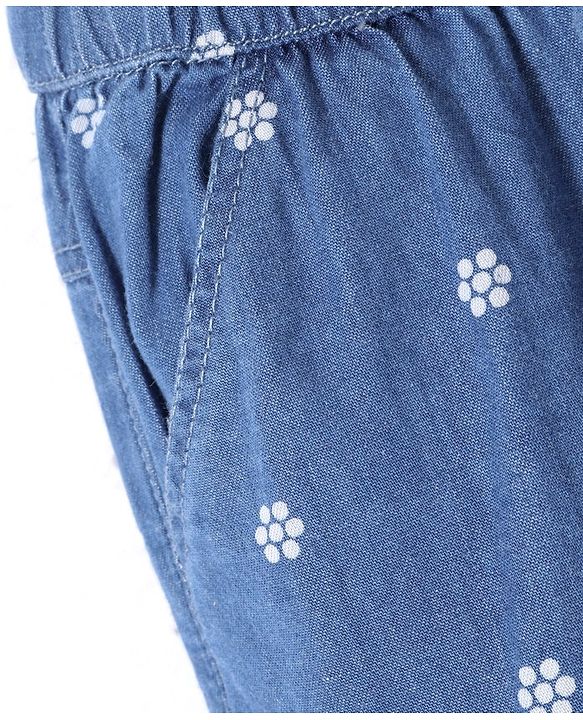 Babyhug 100% Cotton Full Length Denim Joggers with Floral Print - Blue