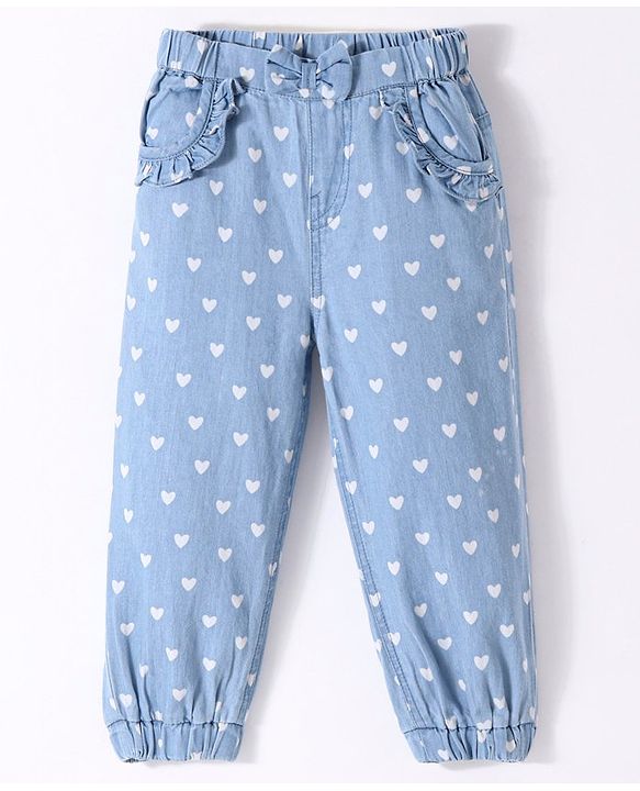 Babyhug Cotton Full Length Denim Joggers with Heart Print - Light Blue