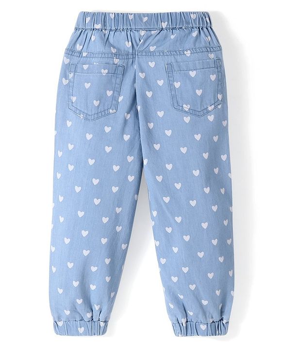 Babyhug Cotton Full Length Denim Joggers with Heart Print - Light Blue