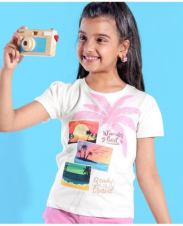 Pine Kids 100% Cotton Knit Half Sleeves T-Shirt With Tropical Print - Snow White