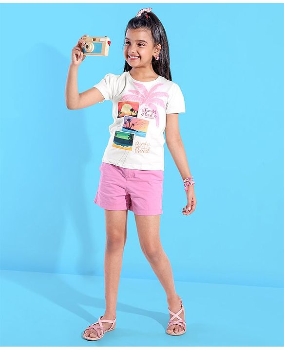 Pine Kids 100% Cotton Knit Half Sleeves T-Shirt With Tropical Print - Snow White
