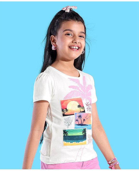 Pine Kids 100% Cotton Knit Half Sleeves T-Shirt With Tropical Print - Snow White