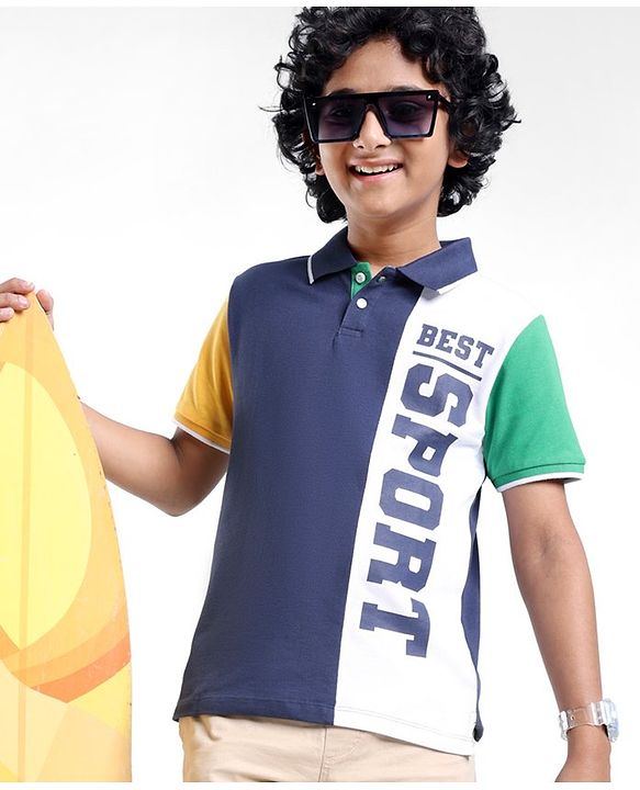 Pine Kids 100% Cotton Half Sleeves Text Print Polo T-Shirt - Blue