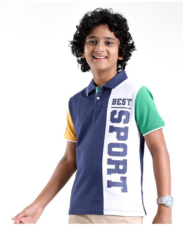 Pine Kids 100% Cotton Half Sleeves Text Print Polo T-Shirt - Blue