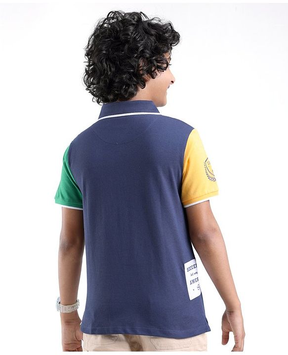 Pine Kids 100% Cotton Half Sleeves Text Print Polo T-Shirt - Blue
