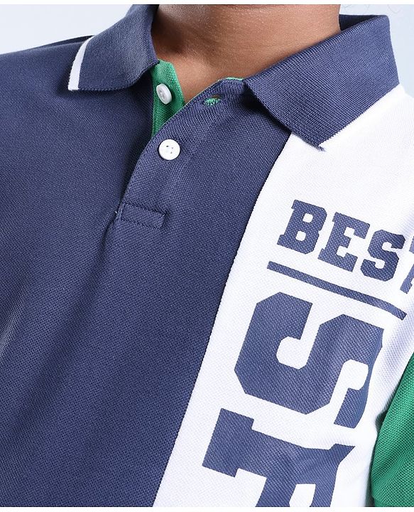 Pine Kids 100% Cotton Half Sleeves Text Print Polo T-Shirt - Blue