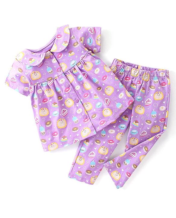 Babyhug Cotton Knit Single Jersey Half Sleeves Night Suit With Birthday Party Theme Print - Purple