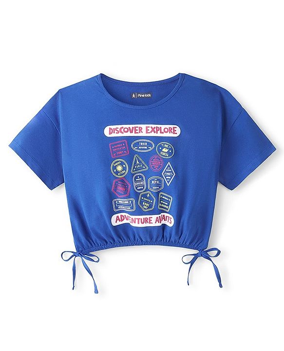 Pine Kids 100% Cotton Knit Half Sleeves Quartz Top With Text Print - Blue
