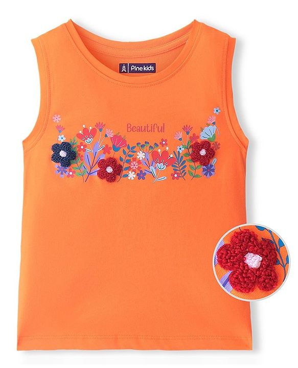 Pine Kids Cotton Knit Sleeveless T-Shirt Floral Print - Paradise Orange