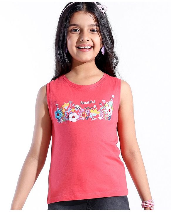 Pine Kids 100% Cotton Sleeveless Floral 3D Applique T-Shirt - Pink