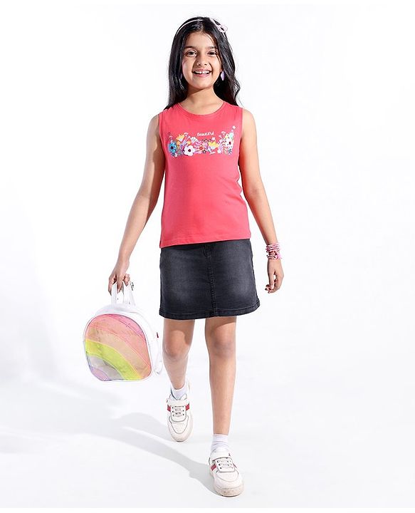 Pine Kids 100% Cotton Sleeveless Floral 3D Applique T-Shirt - Pink