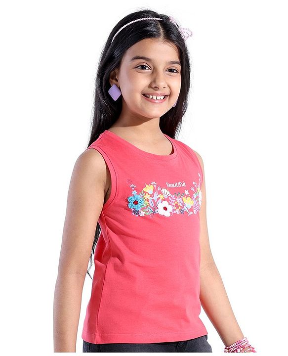 Pine Kids 100% Cotton Sleeveless Floral 3D Applique T-Shirt - Pink