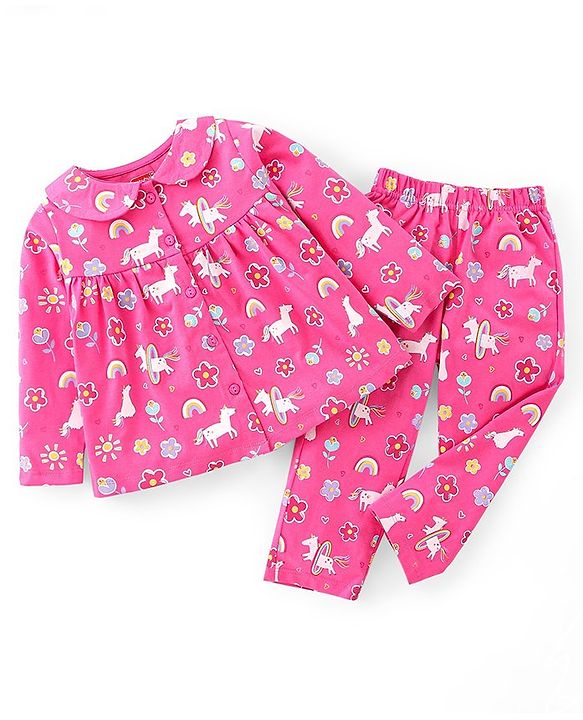 Babyhug Cotton Knit Full Sleeves Night Suit With Unicorn Print - Pink