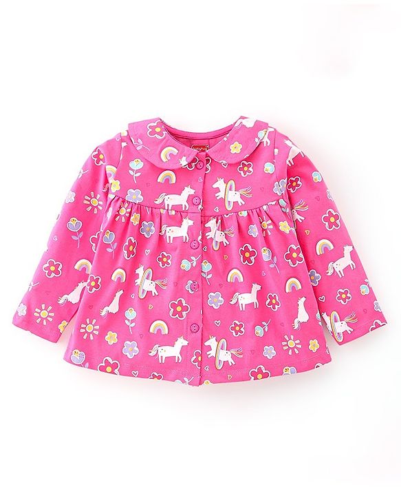Babyhug Cotton Knit Full Sleeves Night Suit With Unicorn Print - Pink