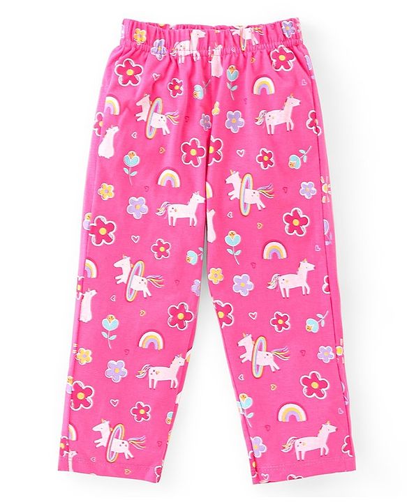 Babyhug Cotton Knit Full Sleeves Night Suit With Unicorn Print - Pink