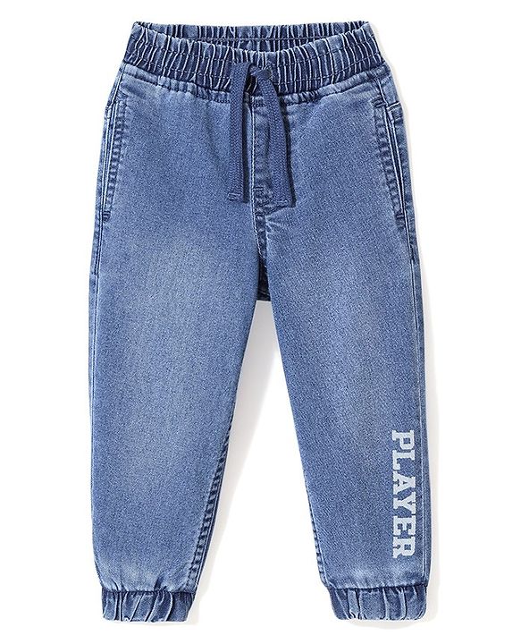 Babyhug Cotton Spandex Full Length Washed & Stretchable Denim Joggers with Draw-Cord Text Print - Blue