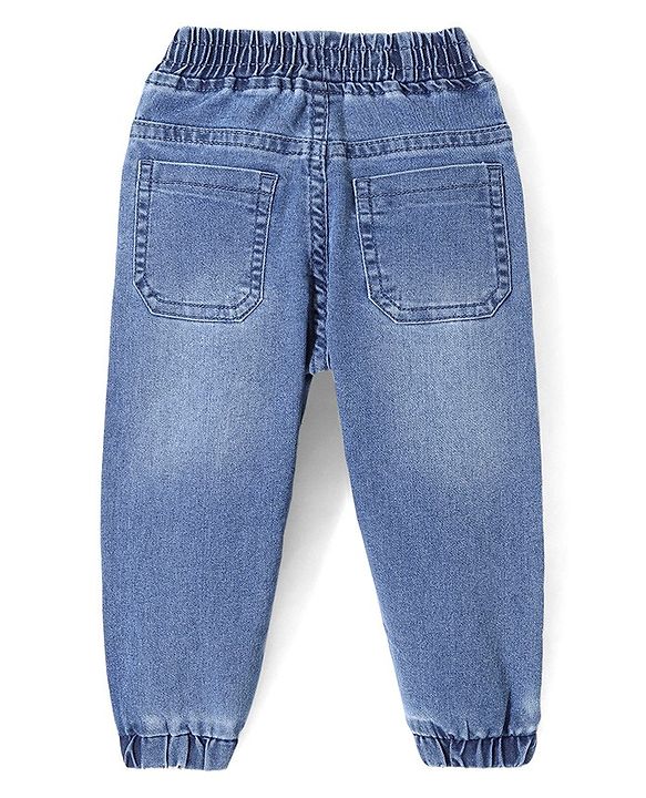 Babyhug Cotton Spandex Full Length Washed & Stretchable Denim Joggers with Draw-Cord Text Print - Blue