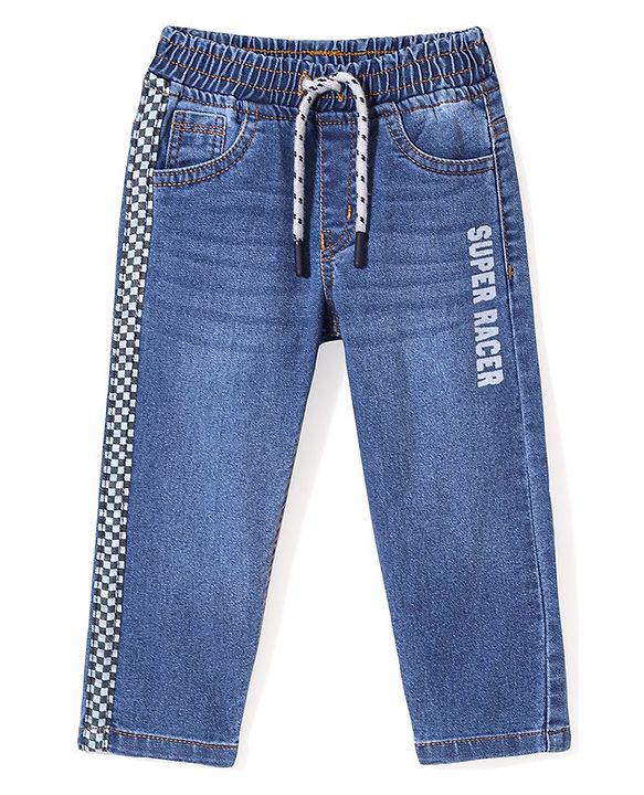 Babyhug Cotton Spandex Full Length Washed & Stretchable Denim Joggers with Draw-Cord Text Print - Blue
